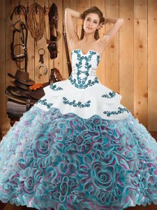 Excellent Strapless Sleeveless Satin and Fabric With Rolling Flowers Quinceanera Gowns Embroidery Sweep Train Lace Up