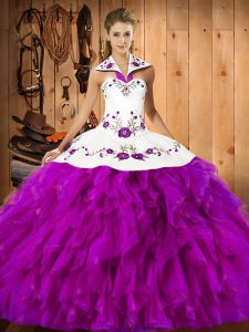 Glorious Floor Length Lace Up Quinceanera Dress Fuchsia for Military Ball and Sweet 16 and Quinceanera with Embroidery and Ruffles