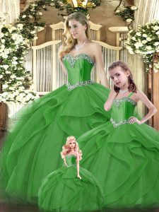 Cheap Floor Length Lace Up 15th Birthday Dress Green for Military Ball and Sweet 16 and Quinceanera with Ruffles