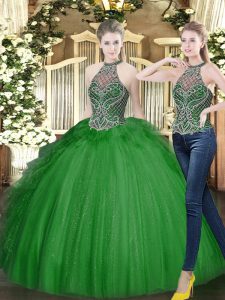 Best Selling Dark Green Sleeveless Tulle Lace Up Quince Ball Gowns for Military Ball and Sweet 16 and Quinceanera