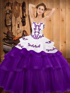 Fantastic Sleeveless Embroidery and Ruffled Layers Lace Up Sweet 16 Dresses with Purple Sweep Train