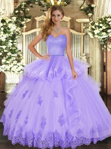 Modern Lavender Ball Gowns Beading and Appliques and Ruffles Quinceanera Dresses Lace Up Tulle Sleeveless Floor Length