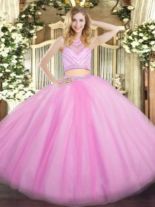 Dynamic High-neck Sleeveless Sweet 16 Dress Floor Length Beading and Ruffles Lilac Tulle