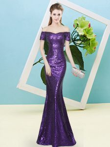 Eye-catching Purple Zipper Off The Shoulder Sequins Prom Dresses Sequined Short Sleeves