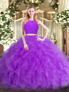 Sleeveless Tulle Floor Length Zipper Quinceanera Gown in Eggplant Purple with Ruffles