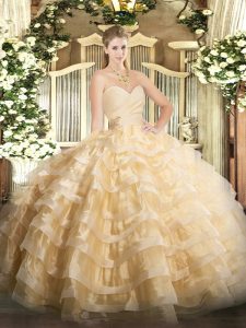Exceptional Champagne Ball Gowns Organza Sweetheart Sleeveless Beading and Ruffled Layers Floor Length Lace Up Quinceanera Gowns