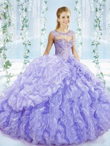 Pretty Sleeveless Organza Brush Train Lace Up Sweet 16 Dresses in Lavender with Beading and Ruffles and Pick Ups