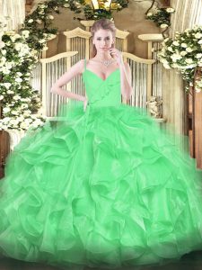Deluxe Sleeveless Floor Length Ruffles Zipper Quinceanera Gown with Green