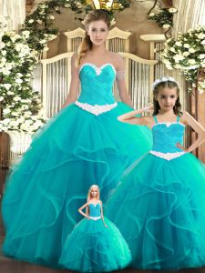 Stunning Sleeveless Tulle Floor Length Lace Up Sweet 16 Dresses in Aqua Blue with Ruffles