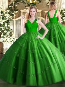 Green Ball Gowns Tulle V-neck Sleeveless Beading Floor Length Zipper 15th Birthday Dress