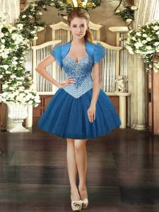 Beautiful Sweetheart Sleeveless Prom Gown Mini Length Beading Royal Blue Tulle