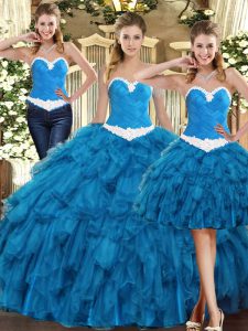 Custom Designed Teal Lace Up Ball Gown Prom Dress Ruffles Sleeveless Floor Length
