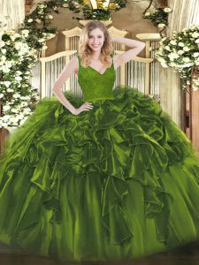 Olive Green V-neck Backless Beading and Lace and Ruffles 15 Quinceanera Dress Sleeveless