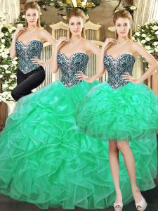 Sleeveless Tulle Floor Length Lace Up Quince Ball Gowns in Turquoise with Beading and Ruffles