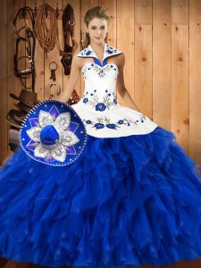 Blue And White Lace Up Halter Top Embroidery and Ruffles 15 Quinceanera Dress Satin and Organza Sleeveless