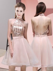 Mini Length Baby Pink Quinceanera Court Dresses Halter Top Sleeveless Backless