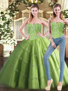Olive Green Tulle Lace Up Sweetheart Sleeveless Floor Length Ball Gown Prom Dress Beading