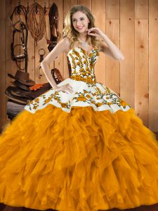Noble Gold Sweetheart Lace Up Embroidery and Ruffles Quinceanera Dress Sleeveless