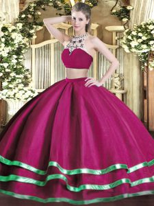 Pretty Fuchsia Two Pieces Beading 15th Birthday Dress Backless Tulle Sleeveless Floor Length