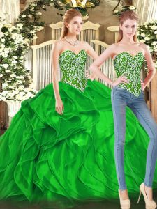 Eye-catching Green Lace Up Sweetheart Beading and Ruffles Quinceanera Dress Tulle Sleeveless