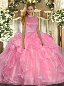 Floor Length Backless 15th Birthday Dress Watermelon Red for Military Ball and Sweet 16 and Quinceanera with Beading and Ruffles