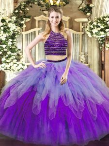 Glittering Sleeveless Beading and Ruffles Lace Up Quinceanera Gown