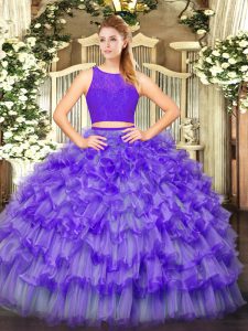 Most Popular Sleeveless Tulle Floor Length Zipper Quince Ball Gowns in Eggplant Purple with Ruffled Layers
