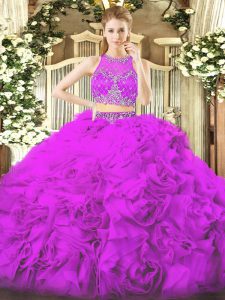 Floor Length Lilac Quinceanera Gowns Fabric With Rolling Flowers Sleeveless Beading