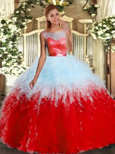 Nice Multi-color Scoop Backless Lace and Ruffles Quince Ball Gowns Sleeveless