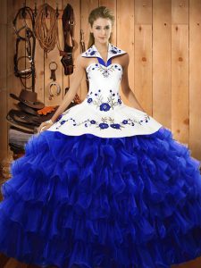 Stylish Royal Blue Ball Gowns Organza Halter Top Sleeveless Embroidery and Ruffled Layers Floor Length Lace Up Vestidos de Quinceanera