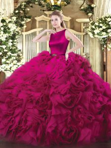 Custom Fit Fuchsia Ball Gowns Belt Quinceanera Gown Clasp Handle Fabric With Rolling Flowers Sleeveless Floor Length