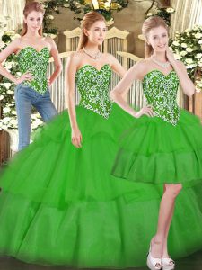 Green Ball Gowns Beading and Ruffled Layers Quinceanera Dress Lace Up Tulle Sleeveless Floor Length