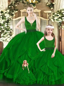 Noble Sleeveless Organza Floor Length Zipper Quinceanera Dress in Green with Beading and Ruffles