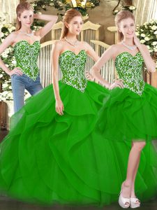 Custom Design Floor Length Green Sweet 16 Quinceanera Dress Tulle Sleeveless Beading and Ruffles