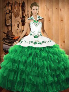 Amazing Halter Top Long Sleeves 15 Quinceanera Dress Floor Length Embroidery and Ruffled Layers Green Satin and Organza