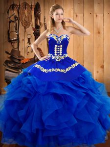 New Style Royal Blue Ball Gowns Embroidery and Ruffles Ball Gown Prom Dress Lace Up Satin and Organza Sleeveless Floor Length