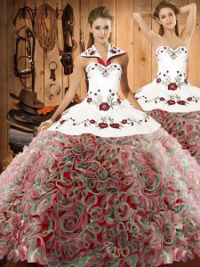 Sumptuous Sleeveless Embroidery Lace Up 15th Birthday Dress with Multi-color Sweep Train