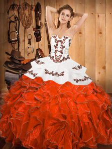 Rust Red Ball Gowns Embroidery and Ruffles Sweet 16 Dresses Lace Up Satin and Organza Sleeveless Floor Length