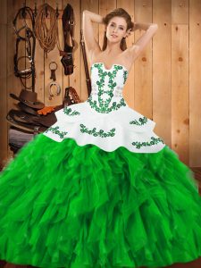 Dynamic Green Quince Ball Gowns Military Ball and Sweet 16 and Quinceanera with Embroidery and Ruffles Strapless Sleeveless Lace Up
