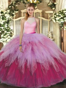 Cheap High-neck Sleeveless Tulle Quinceanera Gown Beading and Ruffles Backless