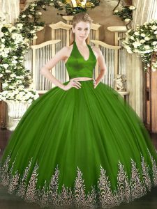 Enchanting Olive Green Halter Top Neckline Appliques Quinceanera Dress Sleeveless Zipper