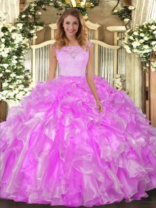 Organza Scoop Sleeveless Clasp Handle Lace and Ruffles 15 Quinceanera Dress in Lilac