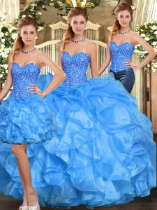 Dynamic Baby Blue Lace Up Sweetheart Beading and Ruffles Quinceanera Gowns Organza Sleeveless
