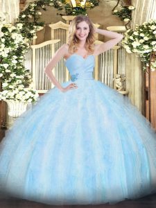 Extravagant Light Blue Lace Up Ball Gown Prom Dress Beading and Ruffles Sleeveless Floor Length
