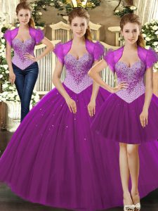 Custom Design Fuchsia Ball Gowns Straps Sleeveless Tulle Floor Length Lace Up Beading 15th Birthday Dress