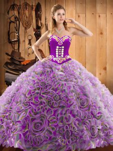 Multi-color Ball Gowns Sweetheart Sleeveless Satin and Fabric With Rolling Flowers With Train Sweep Train Lace Up Embroidery Quince Ball Gowns