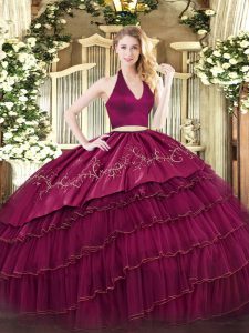 Popular Sleeveless Embroidery and Ruffled Layers Zipper Quince Ball Gowns