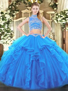 Clearance Baby Blue Tulle Backless High-neck Sleeveless Floor Length Quinceanera Dress Beading and Ruffles