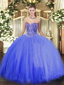 Blue Ball Gowns Beading 15 Quinceanera Dress Lace Up Tulle Sleeveless Floor Length