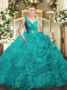 Beauteous Turquoise Sleeveless Fabric With Rolling Flowers Backless 15th Birthday Dress for Sweet 16 and Quinceanera